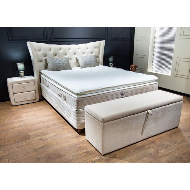 Pat tapitat Lincolin 160x200 cm bej, cu lada depozitare, design elegant