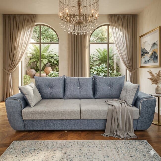 Canapea extensibila Milano - 258x100 cm, cu lada de depozitare, tapiterie stofa, saltea poliuretanica, structura fag