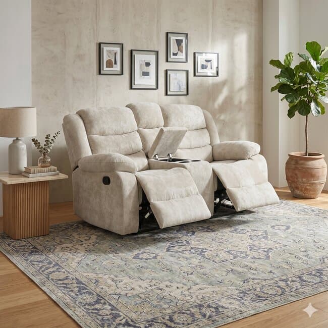 Canapea recliner Relax 2 locuri gri, catifea, suport picioare, pahare si spatiu depozitare, design ergonomic