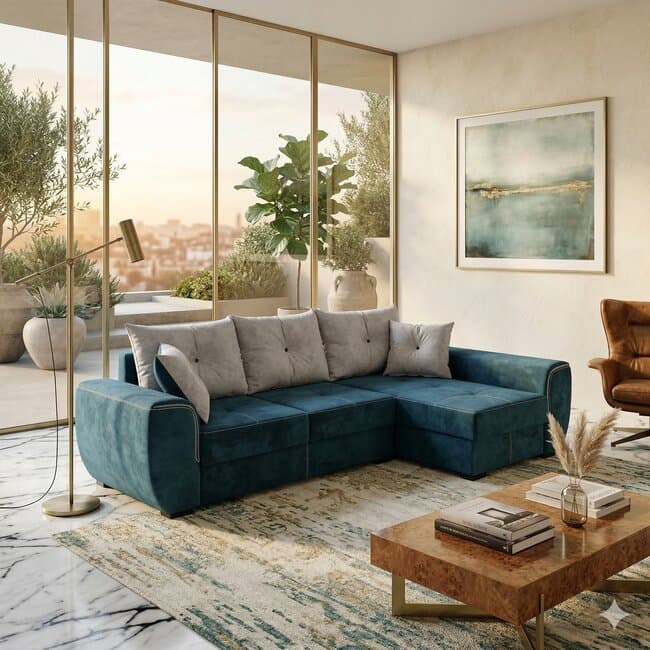 Coltar Milano Tip 1 extensibil - 260x160 cm, cu lada de depozitare, tapiterie stofa rezistenta, saltea poliuretanica, structura fag