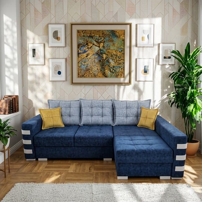 Coltar Oslo Tip 1 extensibil, culoare personalizabila - 240x165 cm, lada de depozitare, tapiterie stofa, saltea cu memorie, structura din lemn fag