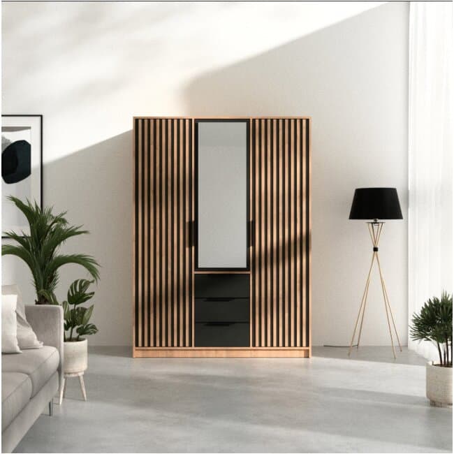 Dulap Bali D3 Lux, oglinda, bara haine, 3 sertare, PAL laminat, 200x147x58 cm, negru