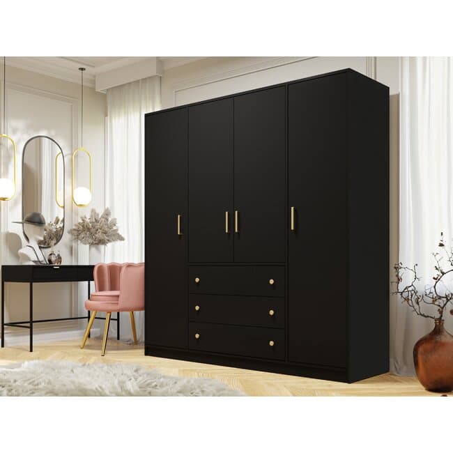 Dulap Retro D4 cu 3 sertare, sina si rafturi, banda decorativa si carcasa laminata, 196x58x200 cm, negru