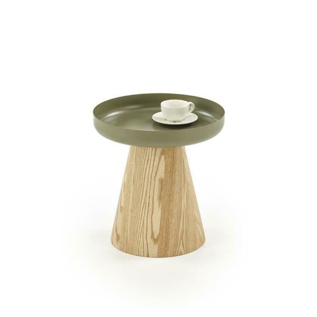 Masuta de cafea Gina, blat rotund MDF lacuit, structura lemn masiv, 40x42 cm, maro / verde