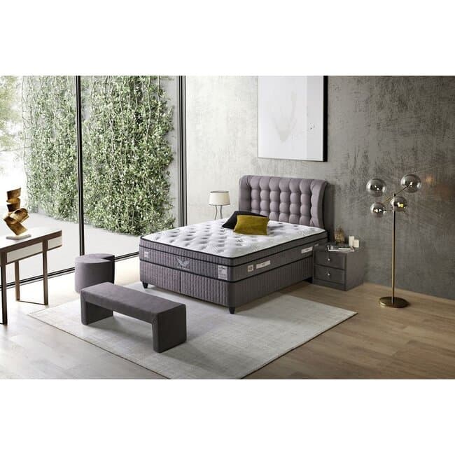 Pat tapitat Lateks 140x200 cm gri, cu lada depozitare si somiera rabatabila