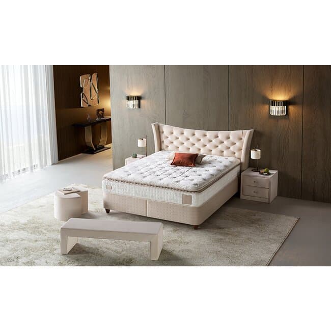 Pat tapitat Lincolin 140x200 cm bej, cu lada depozitare, design elegant