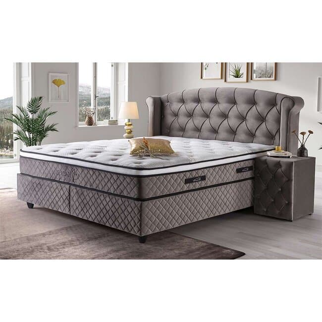 Pat tapitat Hadise 140x200 cm gri, cu lada depozitare si somiera rabatabila