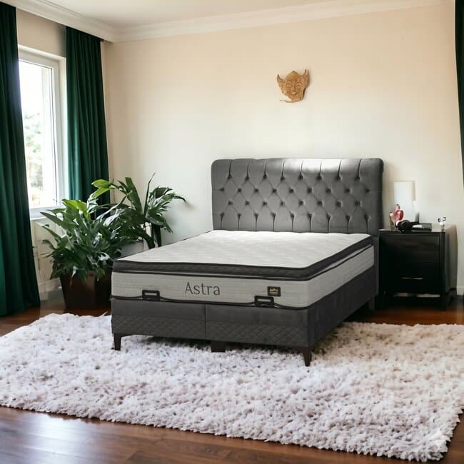 Pat + Saltea gratis Astra, gri - 160x200 cm, design modern, capitonare din catifea, lada spatioasa de depozitare, structura solida