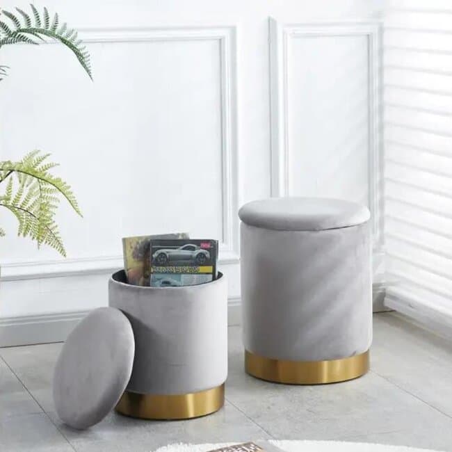 Taburet Elmo, taburet cu spatiu de depozitare integrat, tapiterie moale si cadru rezistent, 35x43 cm, gri