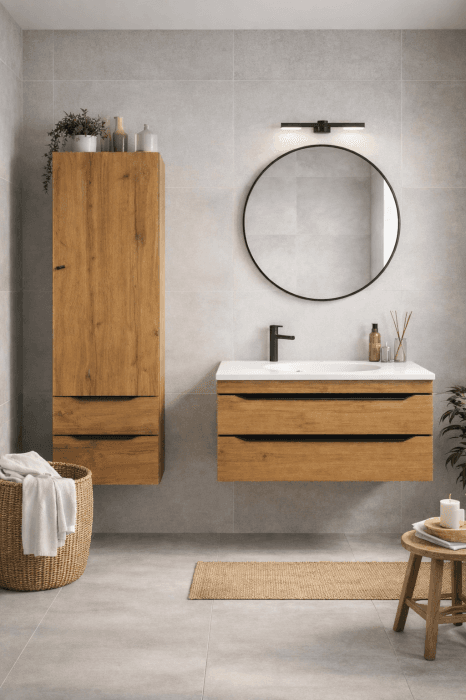 Set mobilier baie complet KolpaSan Malaya stejar natur cu lavoar compozit, dulap suspendat si oglinda