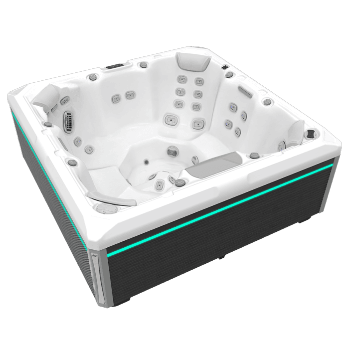 Minipiscina jacuzzi 7 persoane, alb-lucios, 46 jeturi, 215 x 215 cm,  WiFi, Gecko IN.YE-3, sistem In-line WIS,  scara SMART-IN STEP PEAKLIFE, Wellis Mandala Life Premium Plus