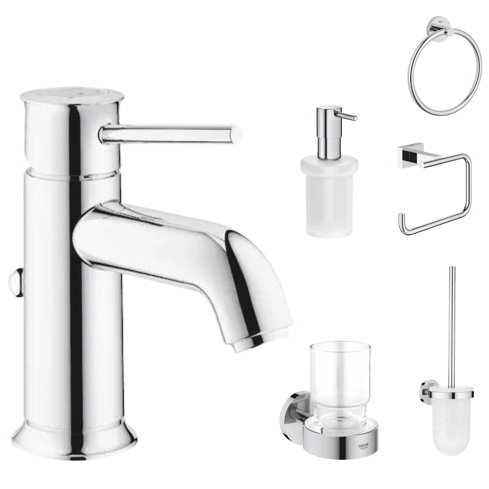 Set baterie lavoar Grohe Start Classic si accesorii baie Grohe Essentials, crom