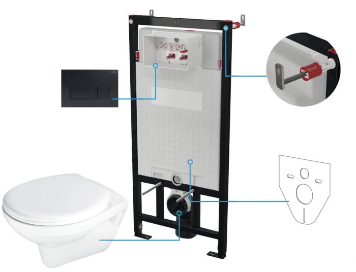 Set wc ingropat, 6 in 1, negru, cadru cu vas wc, capac si buton spalare, Deante Boro