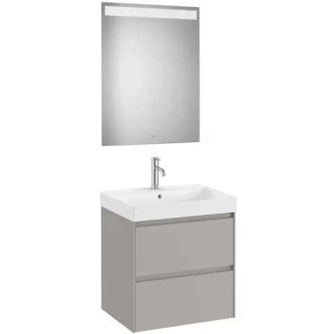 Set mobilier baie 60x46xH65 cm, lavoar si oglinda LED, Roca Ona gri mat