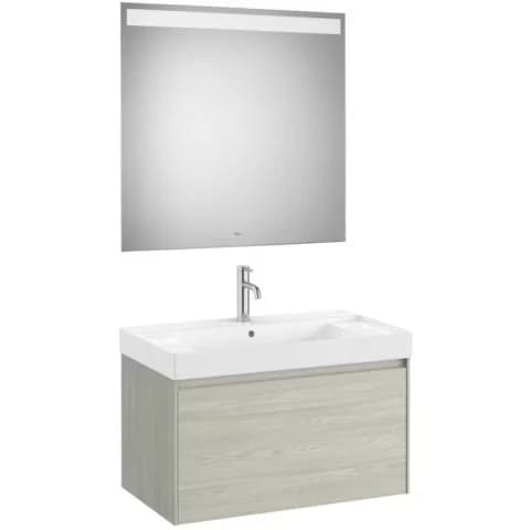 Set mobilier baie 80x46xH50 cm, lavoar si oglinda LED, Roca Ona bej
