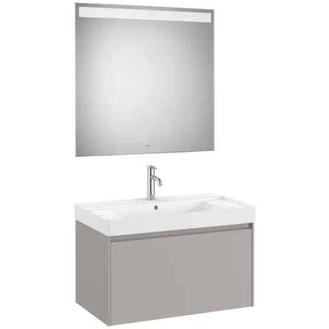 Set mobilier baie 80x46xH50 cm, lavoar si oglinda LED Roca Ona gri mat