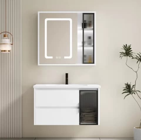 Set complet mobilier baie suspendat Aveline cu lavoar si dulap cu oglinda LED – alb