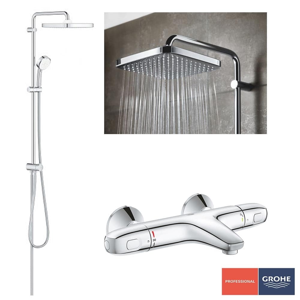 Pachet: Coloana dus Grohe Tempesta 250,palarie patrata, baterie cada/dus Grohtherm 1000 (26694001,  34816003 )
