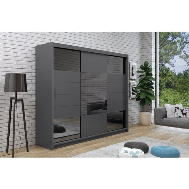 Dulap Aruba 2 cu usi culisante, oglinda mare + design modern, PAL melaminat, 250x61x215 cm, grafit