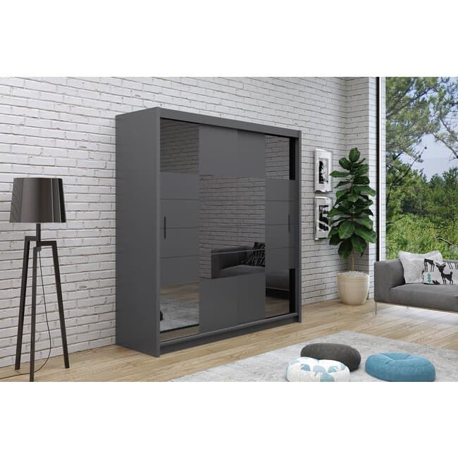 Dulap Aruba 2, cu oglinda integrata, usi culisante + spatiu generos, PAL melaminat, 203x61x215 cm, grafit