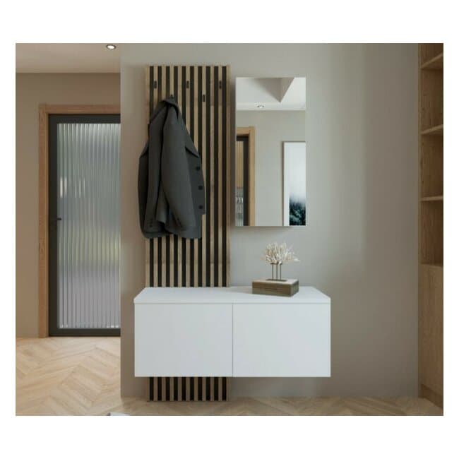 Set Cuier Rebeca, design modern cu riflaj decorativ, spatii multiple de depozitare, PAL melaminat, 101x37x200 cm, Alb cu Stejar