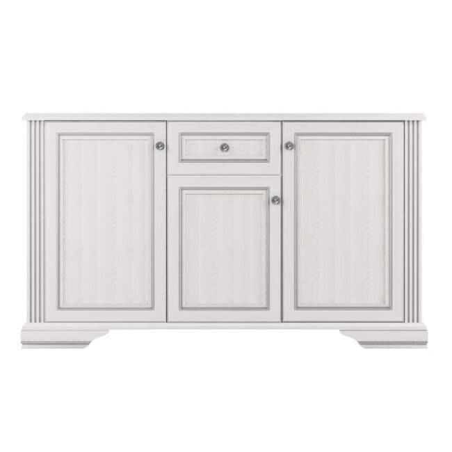 Comoda White 3D1S, 3 usi si 1 sertar, MDF frezat si PAL melaminat, 160x45x93 cm, frasin alb si pin argintiu