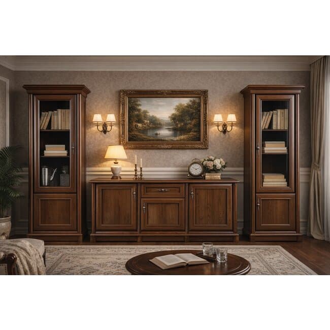 Set mobila living Sonata, stil clasic, fronturi frezate, vitrine sticla, PAL laminat + MDF, 295x45x205 cm