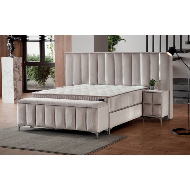 Set Pat + Saltea Moonlight Cu LED, Port USB si Lada Depozitare, 160x200 cm, Bej