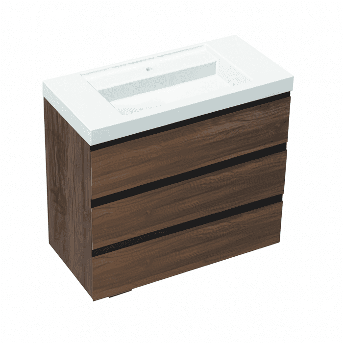 Set dulap de baie cu lavoar inclus 100 cm, 3 sertatre soft-close, steja inchis, Kolpasan, Harmony