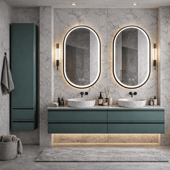 Set mobilier baie complet KolpaSan Alexis verde mat cu lavoare, dulap suspendat si oglinzi Led