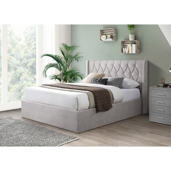 Pat tapitat Prestige 2 Crem cu somiera metalica rabatabila si spatiu de depozitare 160x200