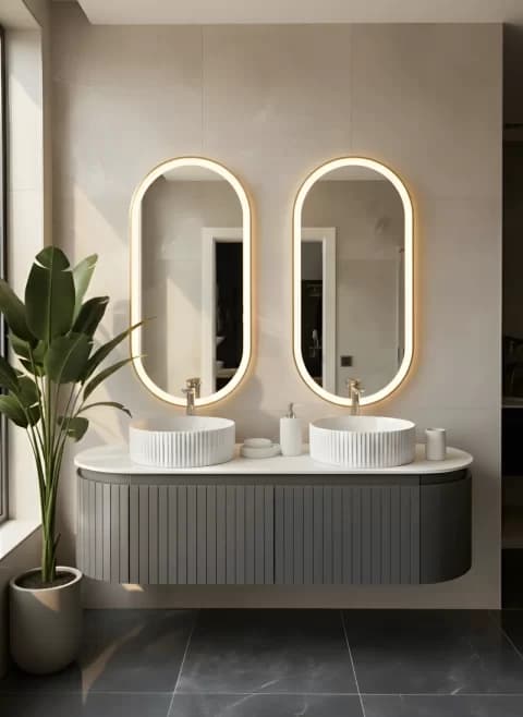 Set Mobilier baie suspendat dublu cu lavoare si oglinzi LED – Design modern, 150 cm