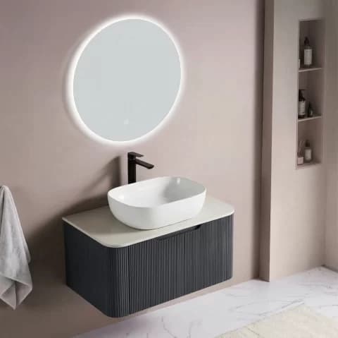 Set complet mobilier baie suspendat Milano cu lavoar si oglinda LED rotunda – Gri