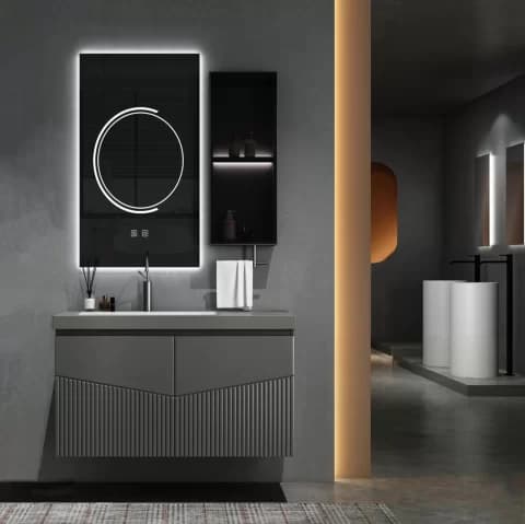 Set mobilier baie suspendat Kyoto cu lavoar si dulap cu oglinda LED – gri