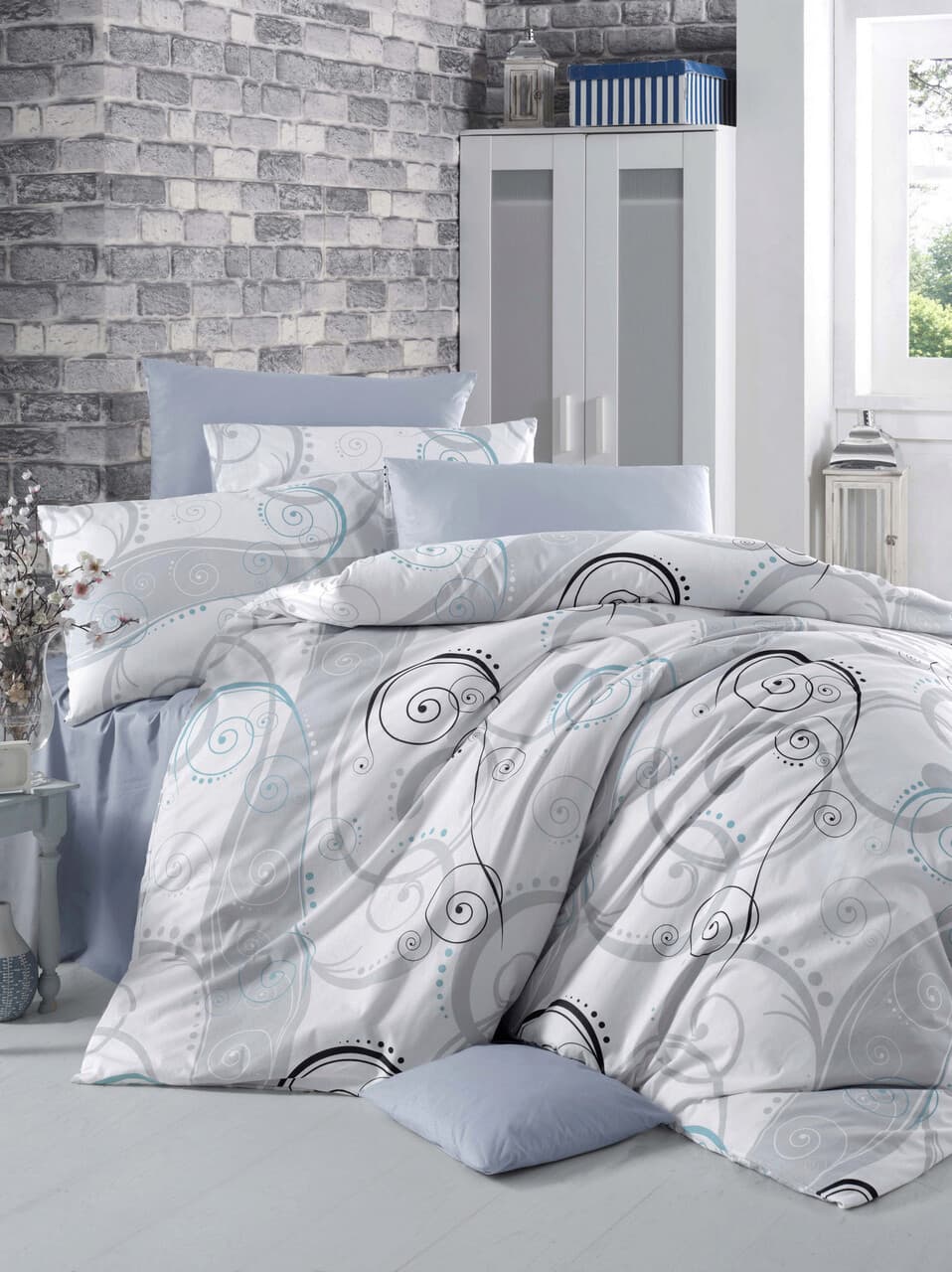 Lenjerie de pat pentru o persoana (FR), L'essentiel Maison, Güliz, Alb / Gri / Negru