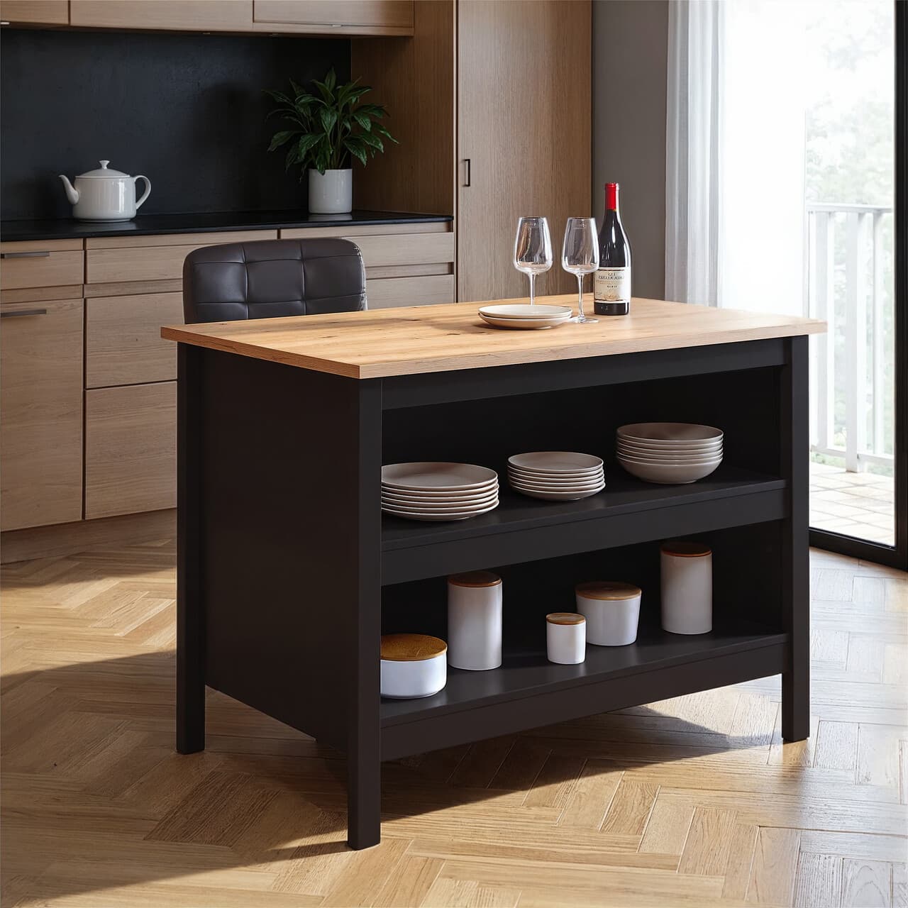 Insula de bucatarie / dulap bucatarie Helina, Inter Link, 124x75x91.5 cm, lemn, negru/stejar