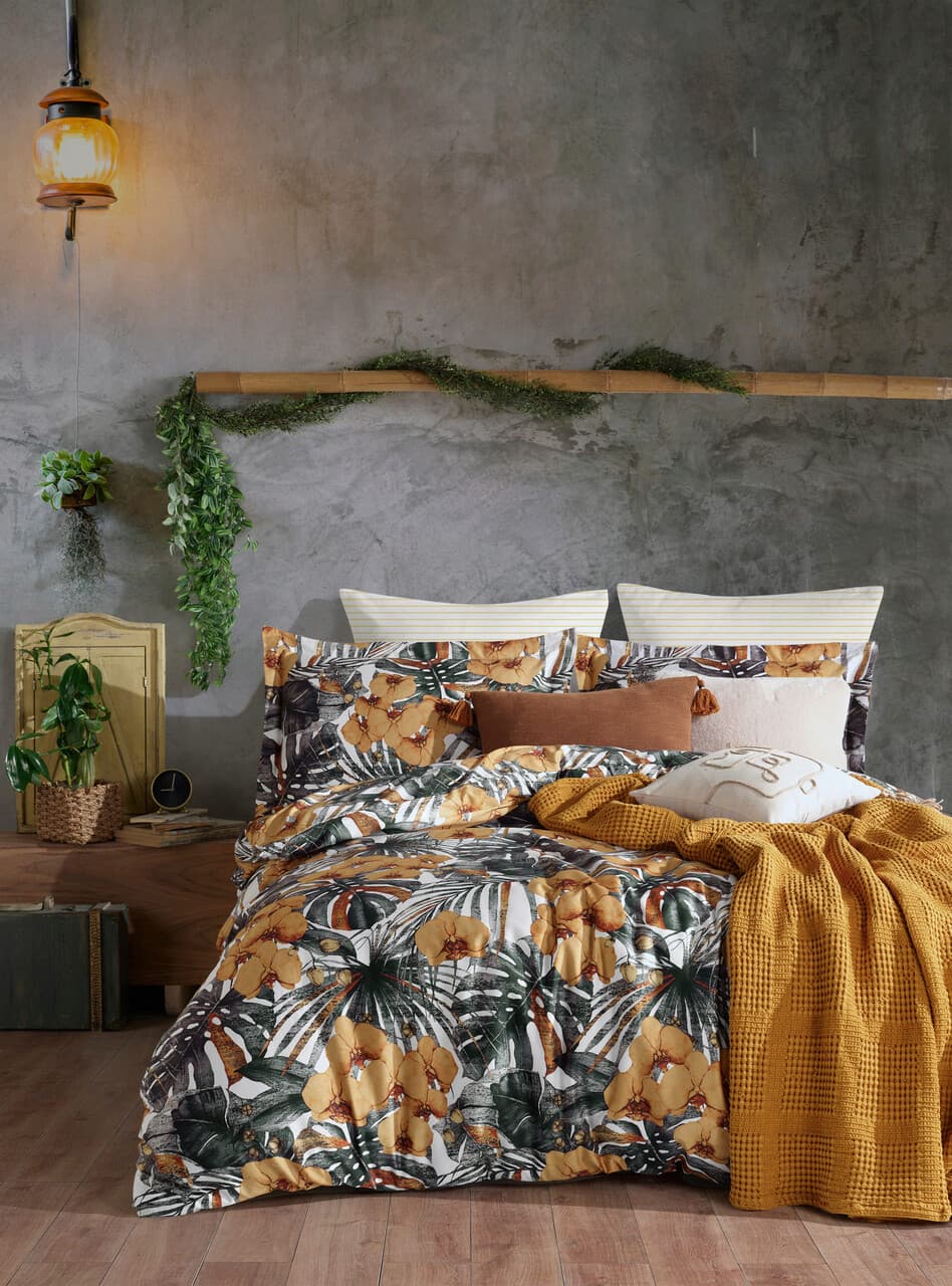 Lenjerie de pat dubla, L'essentiel Maison, Tropik, Alb / Verde / Mustar