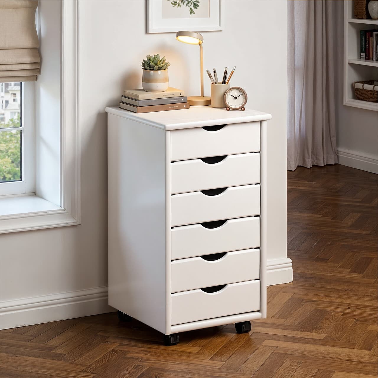 Comoda cu roti si 6 sertare Simon, Inter Link, 35x40x65 cm, lemn, alb