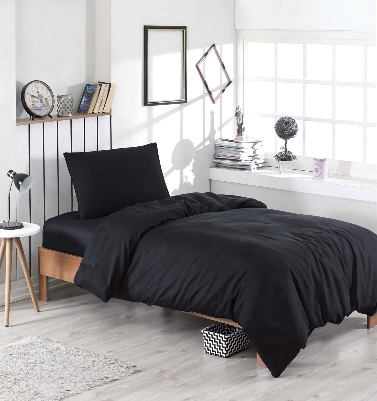 Lenjerie de pat pentru o persoana, L'essentiel Maison, Düzboya, 65% bumbac/35% poliester, Negru