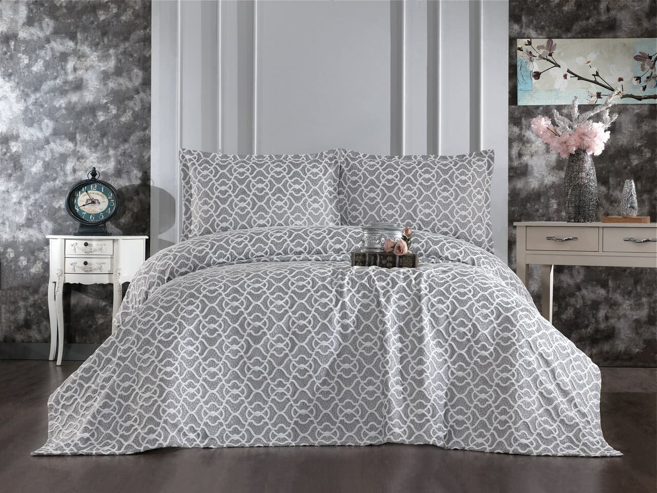 Set cuvertura de pat dubla 3 piese, L'essentiel Maison, Merlin, Gri