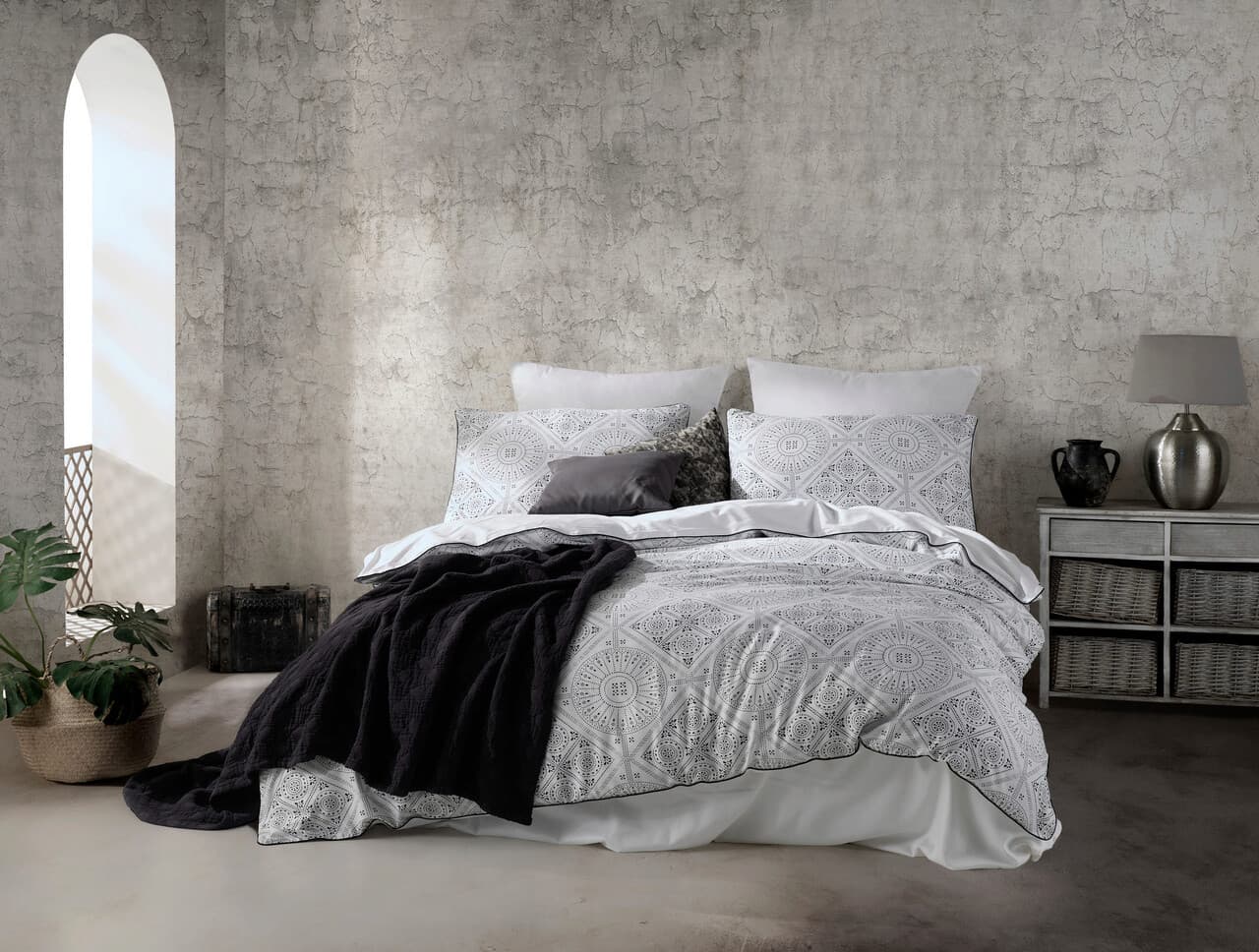 Lenjerie de pat dubla, L'essentiel Maison, İskit, Alb/Negru