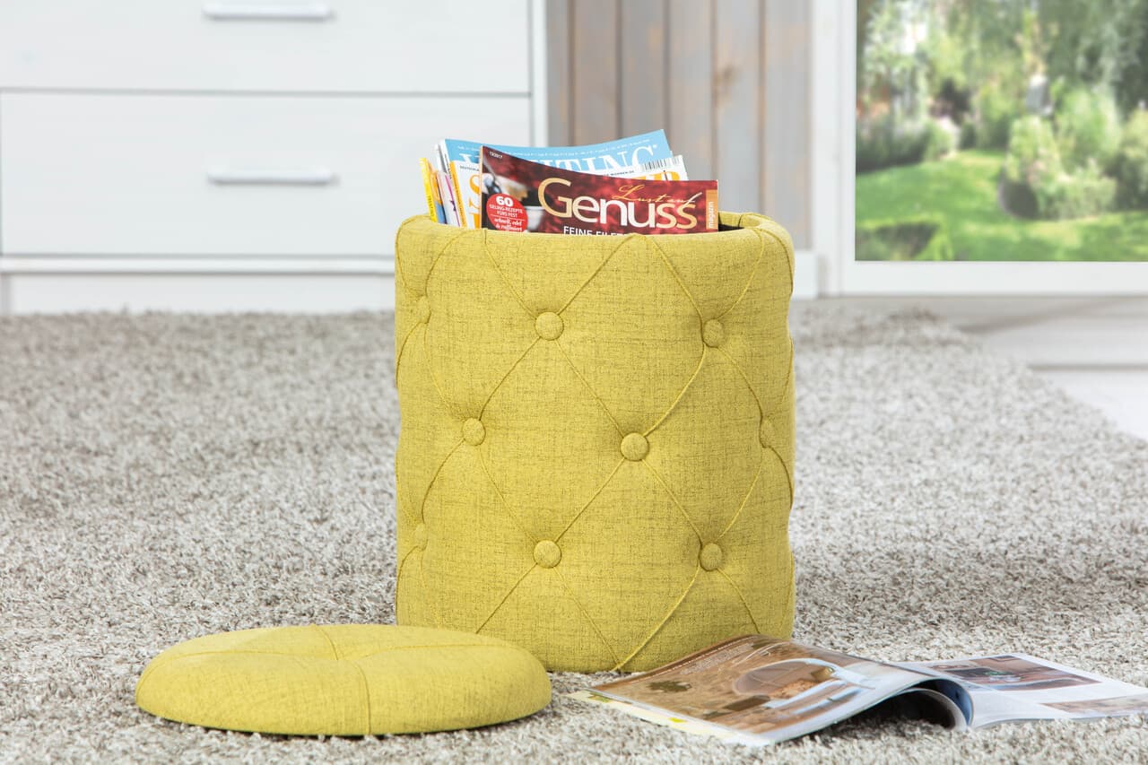 Taburet cu spatiu de depozitare Yapak, Inter Link, 34x34x40 cm, poliester, galben