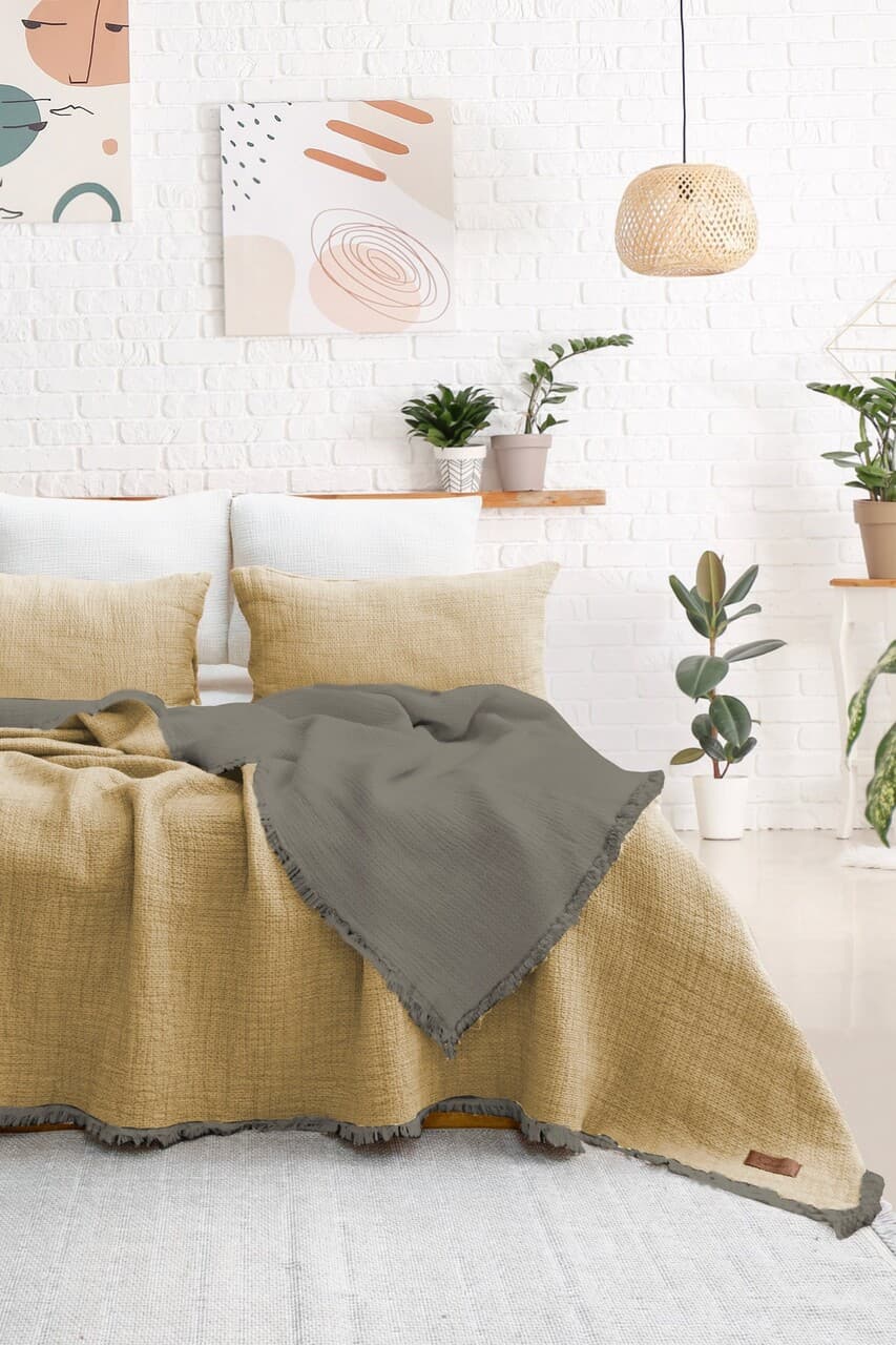 Set cuvertura de pat dubla 3 piese, L'essentiel Maison, Alda, Galben