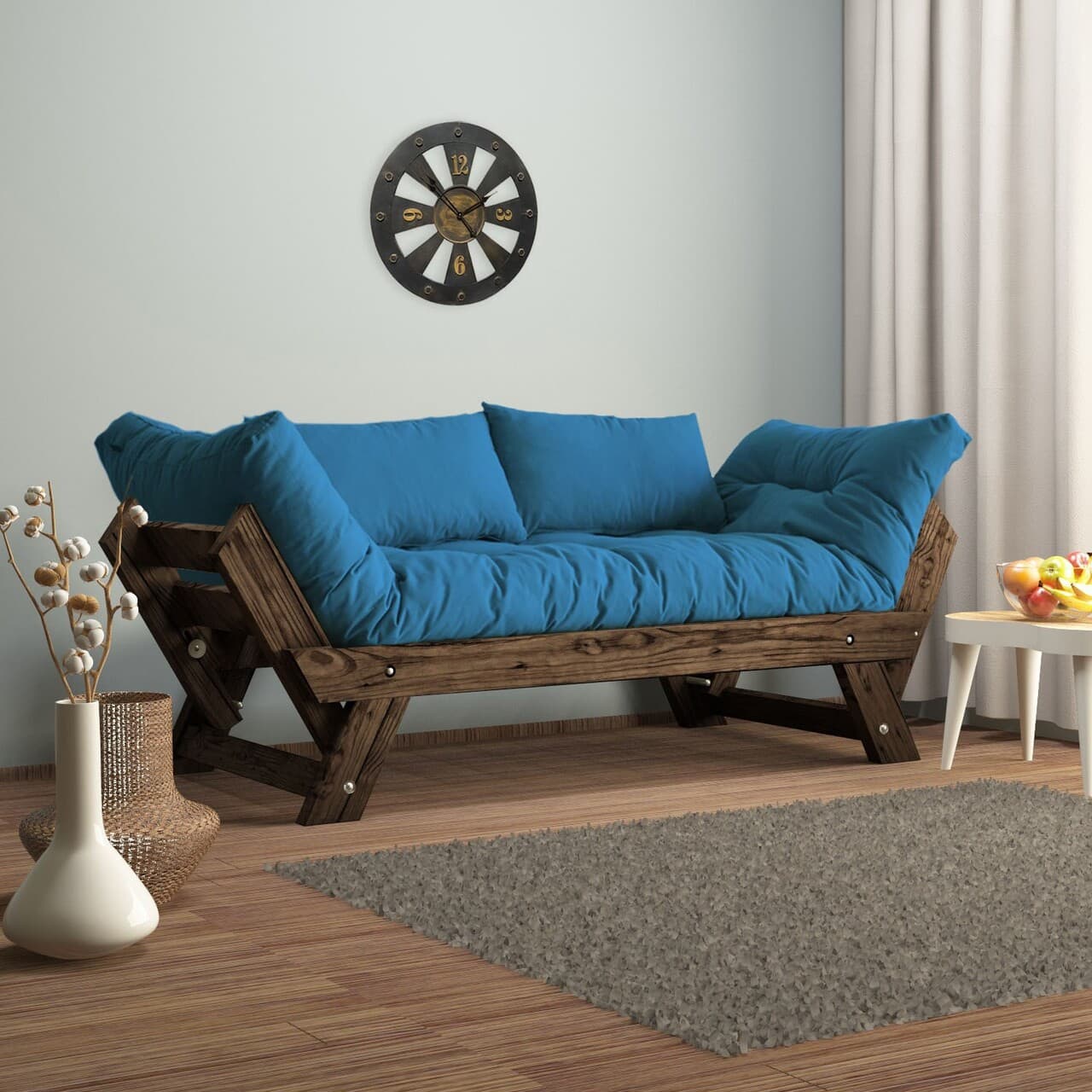 Canapea de gradina cu 2 locuri, Hanah Home, CPT8115-210, Nuc / Albastru