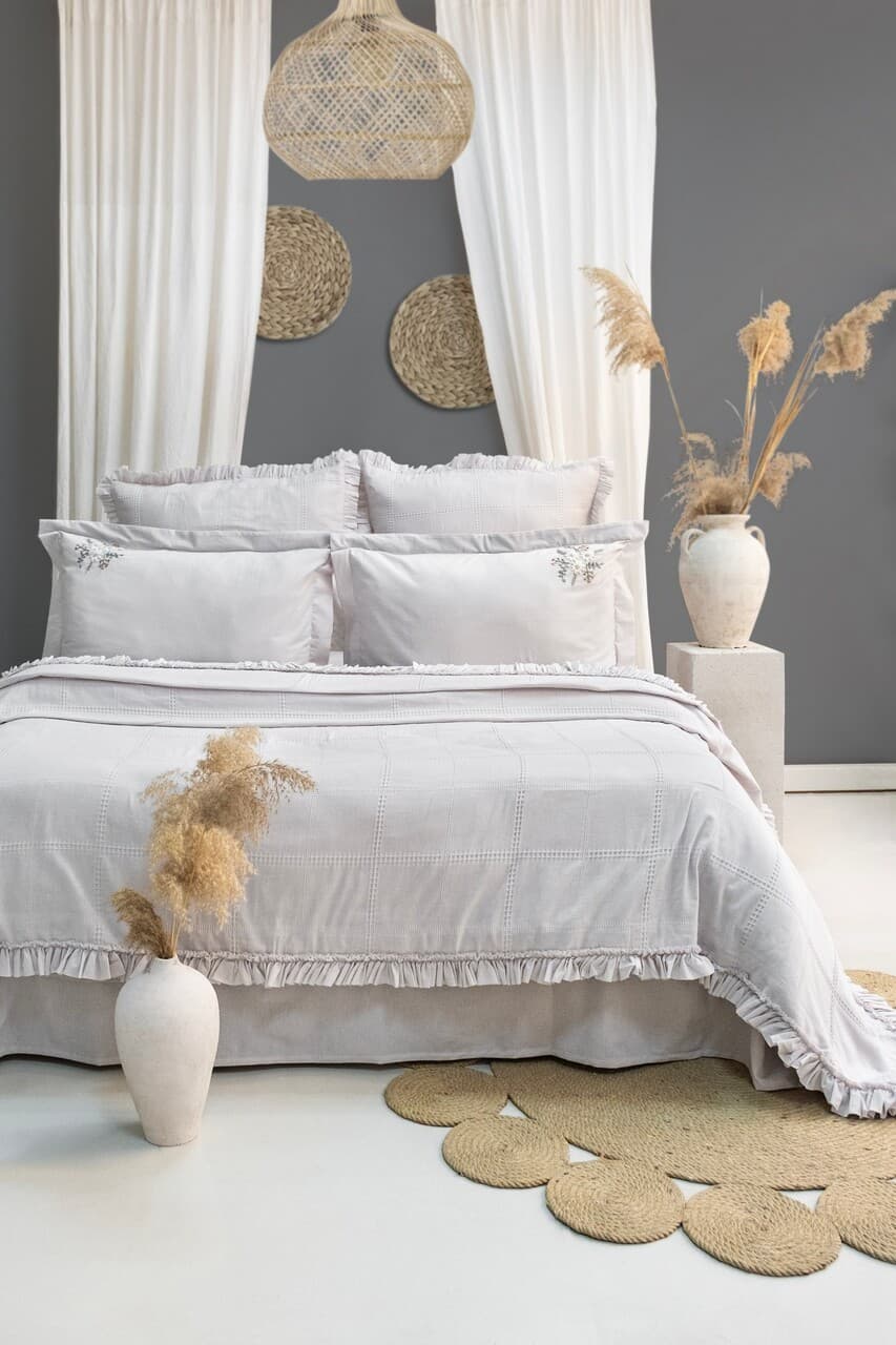 Set cuvertura de pat dubla 3 piese, L'essentiel Maison, Fiorella, Gri deschis