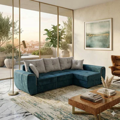 Coltar Milano Tip 1 extensibil - 260x160 cm, cu lada de depozitare, tapiterie stofa rezistenta, saltea poliuretanica, structura fag