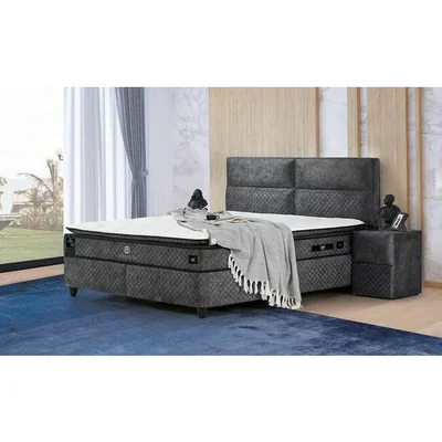 Pat Babylon cu lada de depozitare, tapitat cu stofa, 140x200 cm, gri