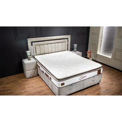 Pat Calipso, cu lada de depozitare si somiera inclusa, tapitat cu stofa, 140x200 cm, bej