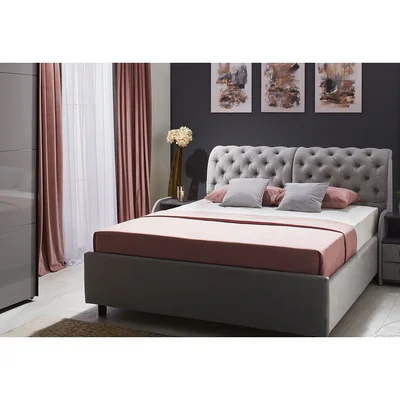 Pat Frankfurt, gri - 160x200 cm, cu spatar tapitat, stofa catifelata si lada depozitare