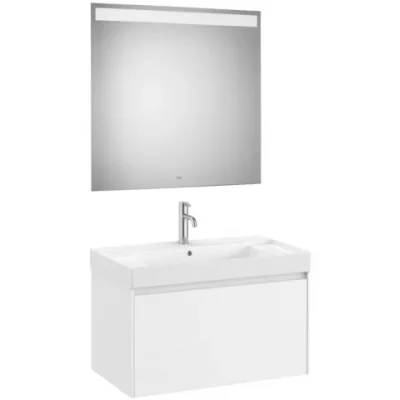 Set mobilier baie 80x46xH50 cm, lavoar si oglinda LED Roca Ona, alb mat